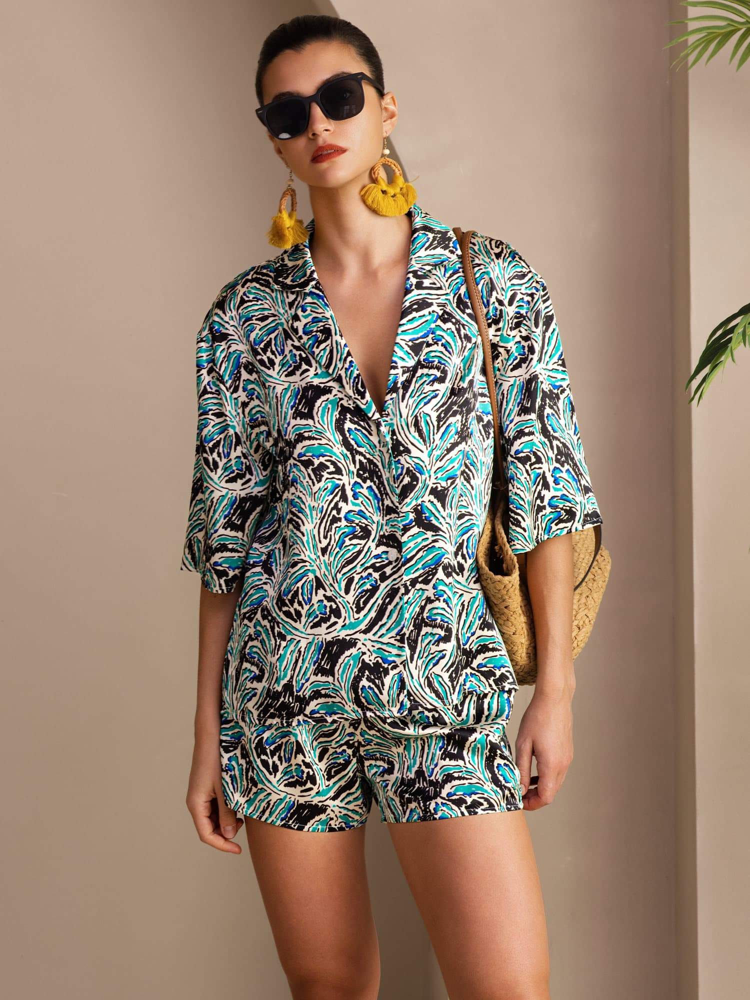[Sinituore Kasvitieteellinen] SilkSilky-FI Short Sleeve Notch Collar Naisten Pyjamat 001