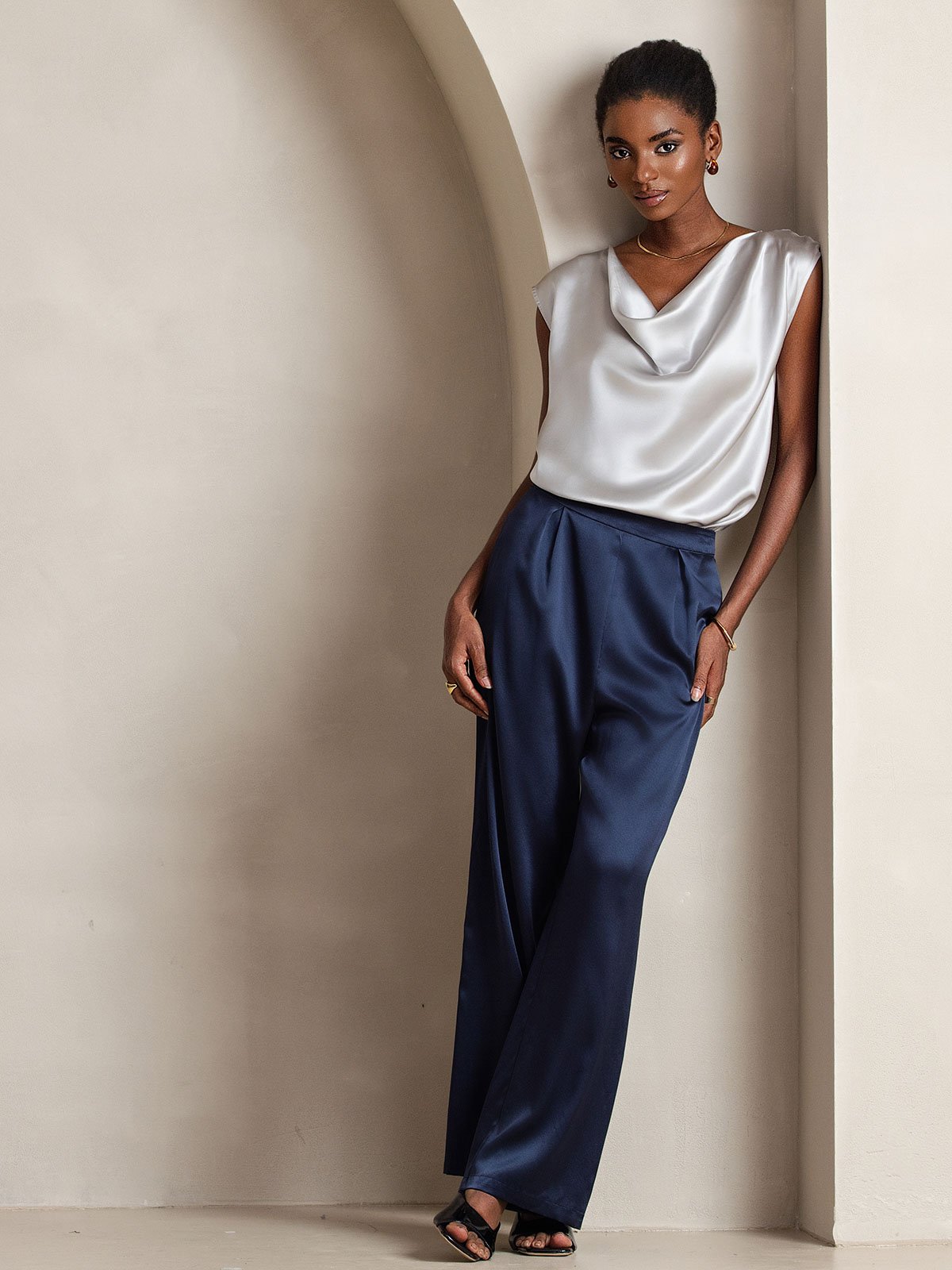 [Tummansininen] SilkSilky-FI 19Momme Womens Pants 006
