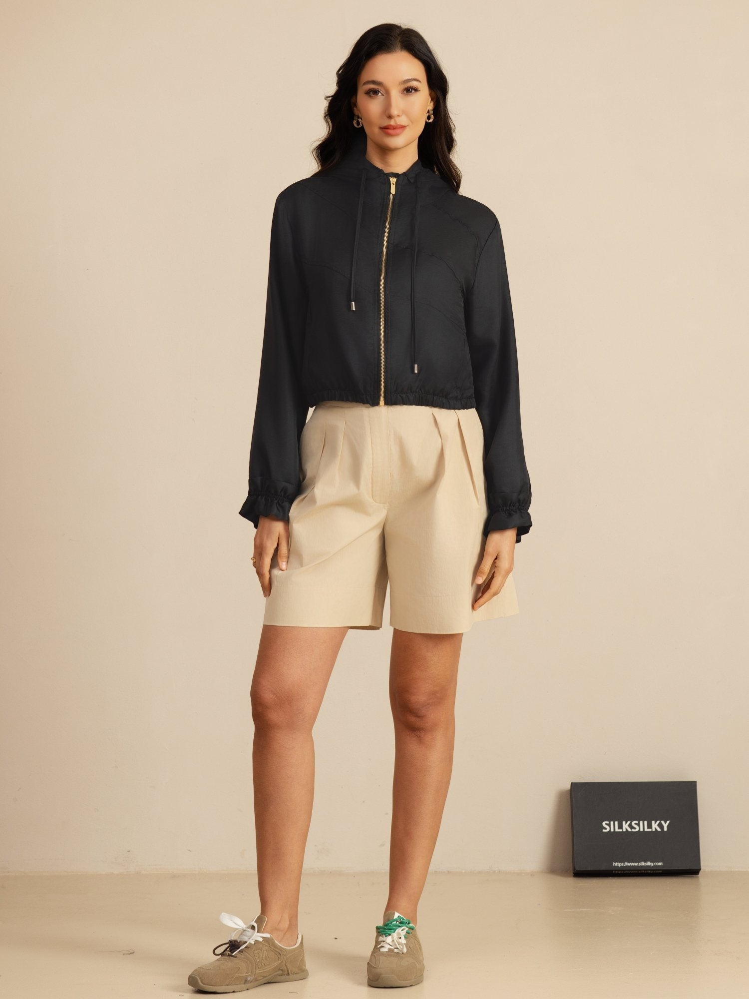 [Musta] SilkSilky-FI 18Momme Pitkähihainen Korkea Kaulus Naisten Päällysvaatteet 007