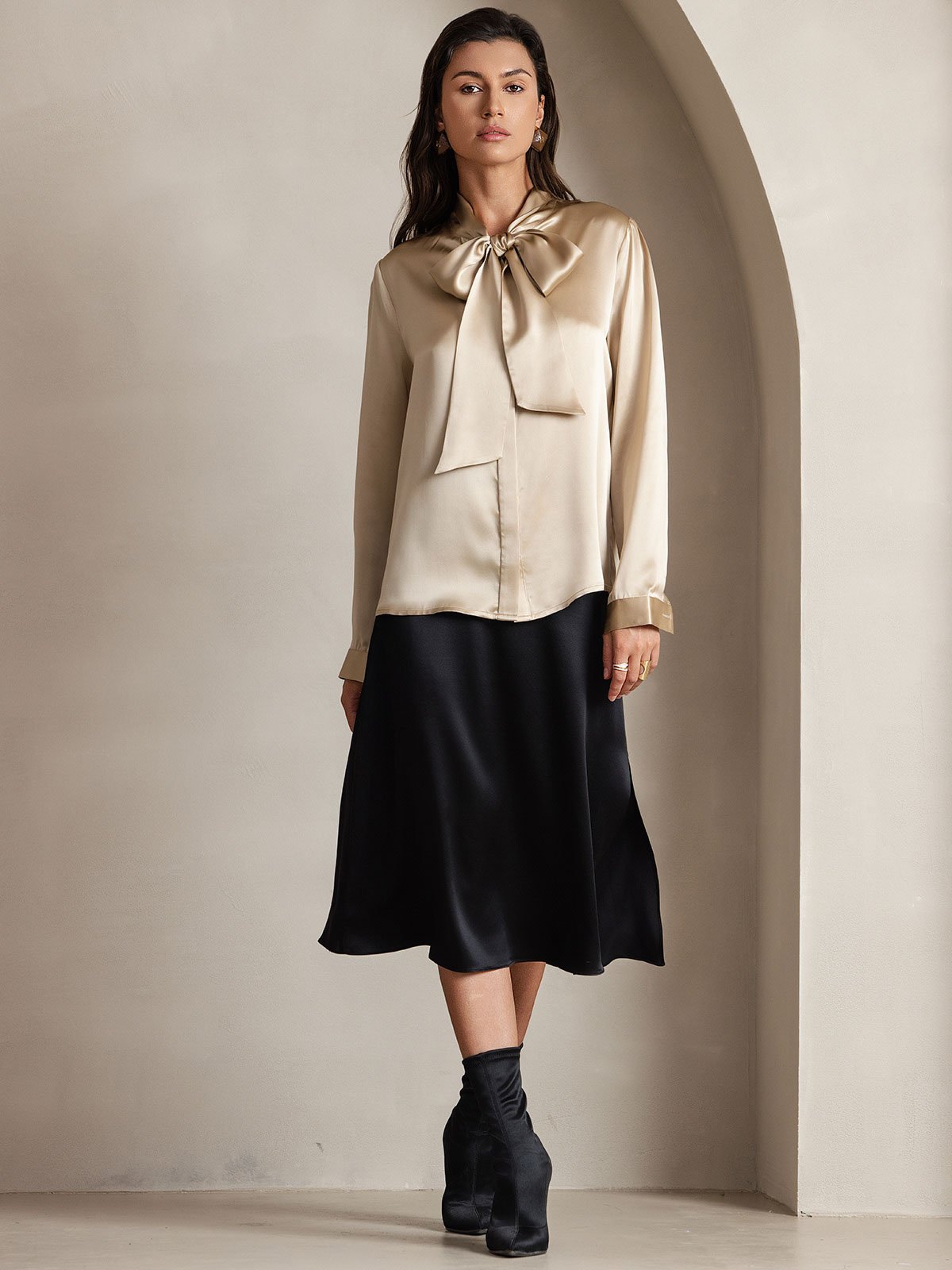 [Samppanja] SilkSilky-FI 19Momme Silk Long Sleeve Tie Neck Naisten paita 005