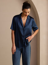 [Tummansininen] SilkSilky-FI Short Sleeve Notkokaulus Naisten paita 005
