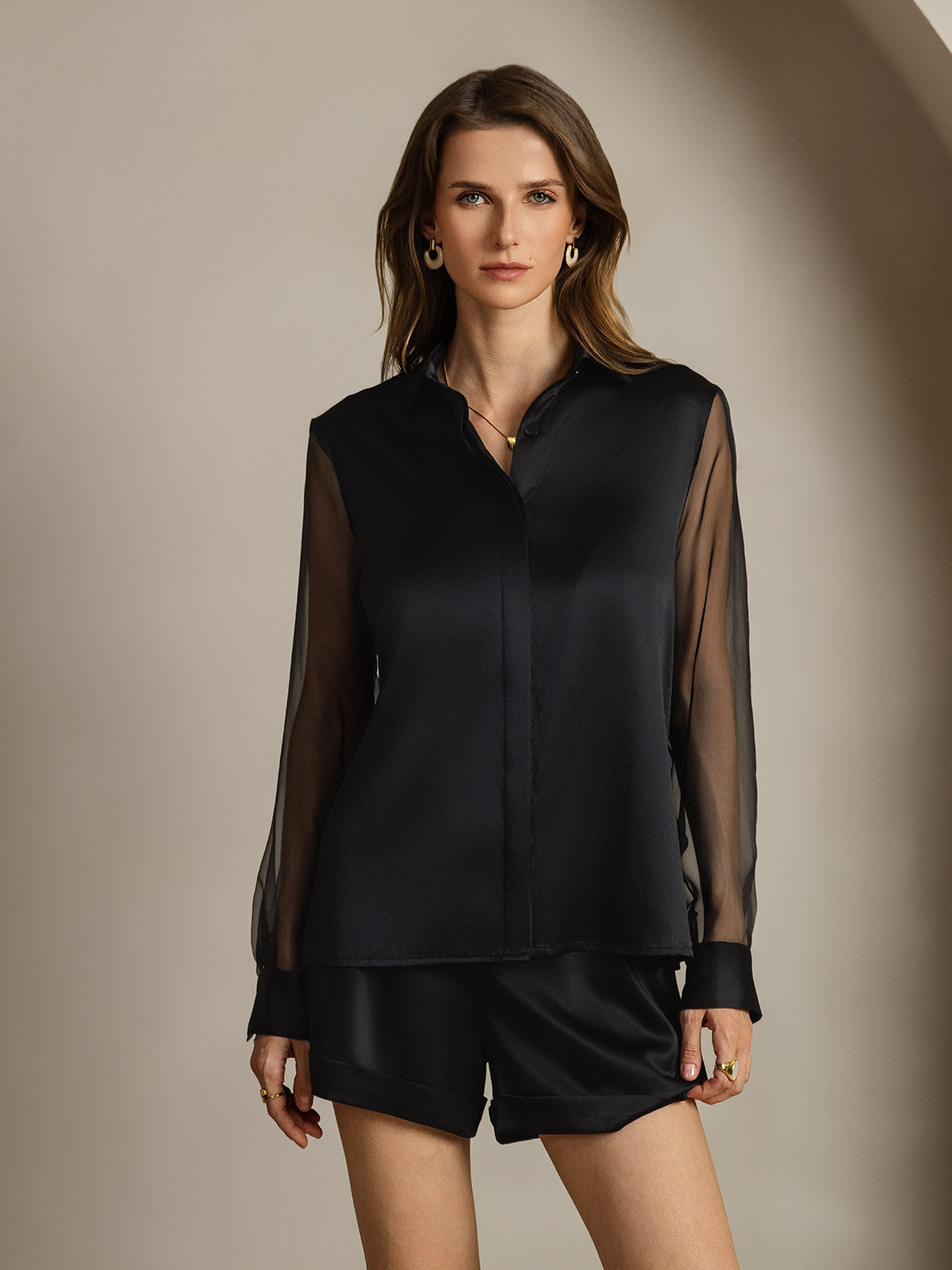 [Musta] SilkSilky-FI 19Momme Lapel Collar Naisten paita 001