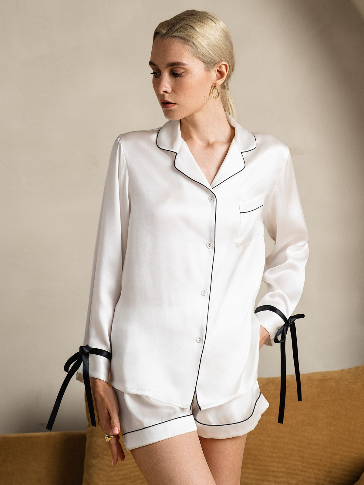 [Valkoinen] SilkSilky-FI Pure Silk Long Sleeve Lapel Naisten Pyjamat 001