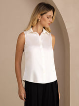 [Valkoinen] SilkSilky-FI Sleeveless Lapel Collar Naisten paita 001