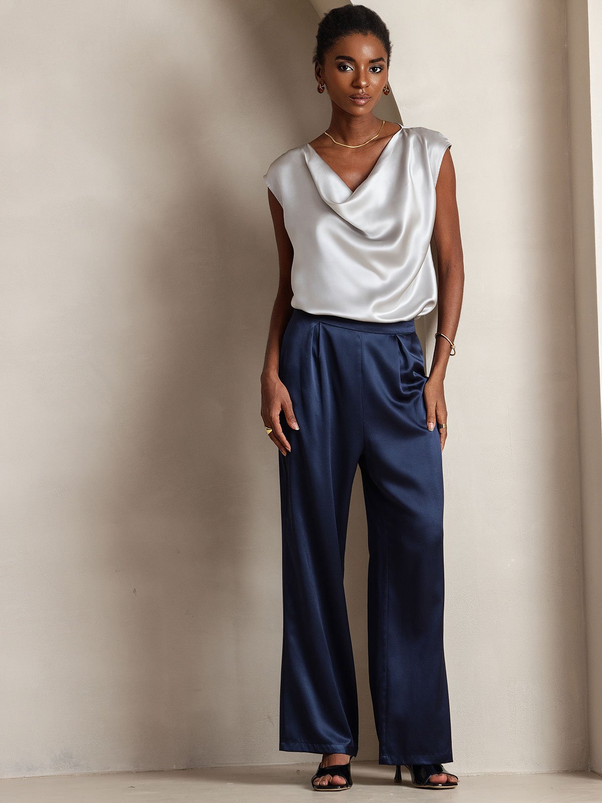 [Tummansininen] SilkSilky-FI 19Momme Womens Pants 004