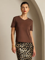 [Kahvi] SilkSilky-FI Short Sleeve V Neck Naisten T-paita 001