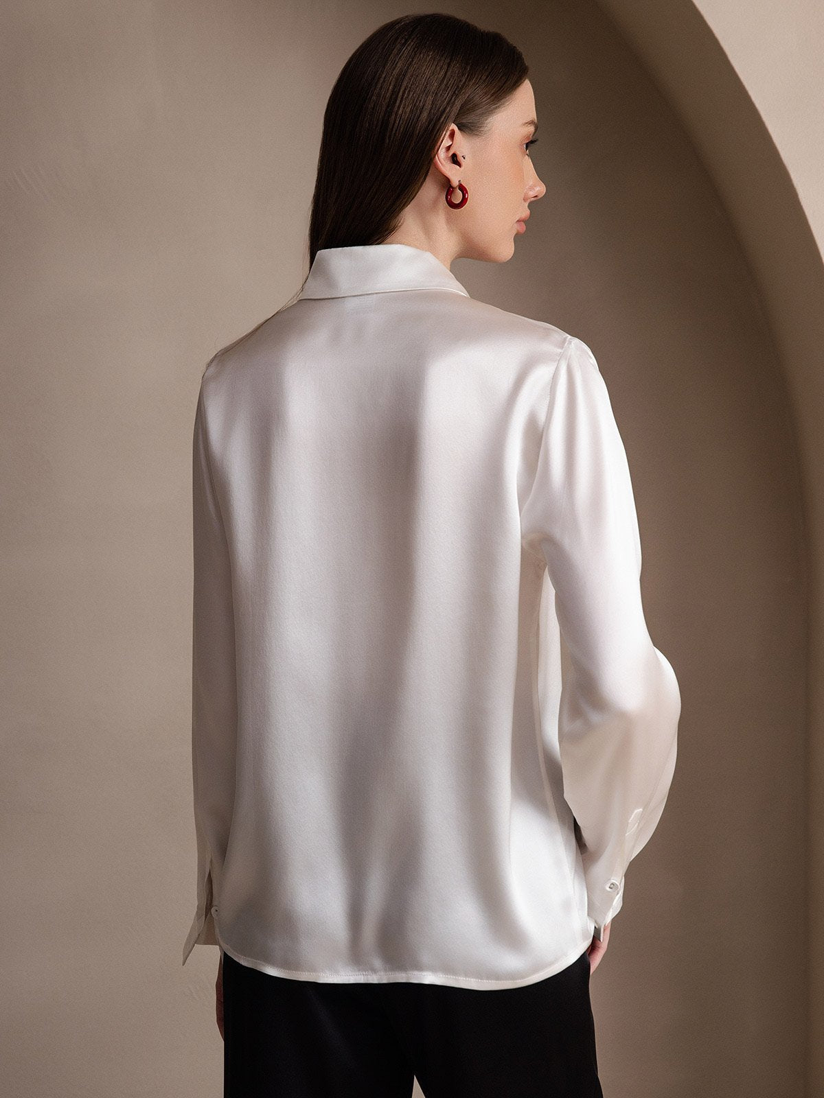 [Valkoinen] SilkSilky-FI Long Sleeve Lapel Collar Naisten paita 002