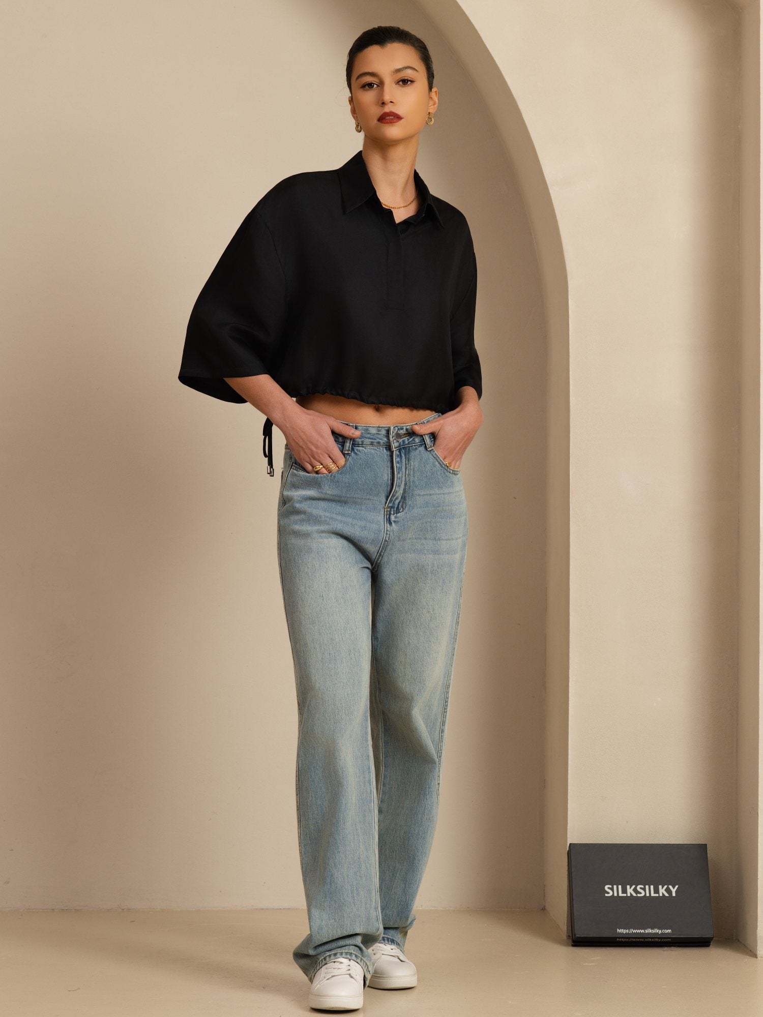 [Musta] SilkSilky-FI 18Momme Puolihiha Kauluskäänne Pusero 007