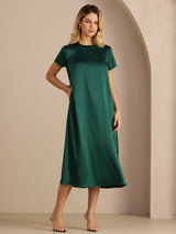 [Tummanvihreä] SilkSilky-FI Short Sleeve Round Neck Mekko 003