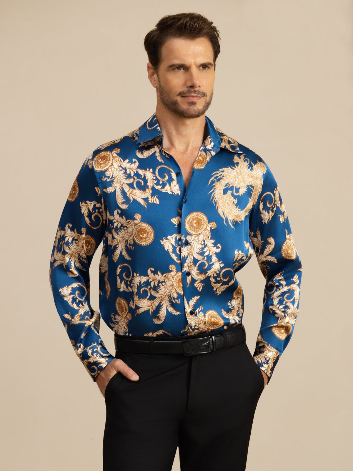 [Navy Lohikäärme] SilkSilky-FI Long Sleeve Lapel Collar Miesten Paita 001