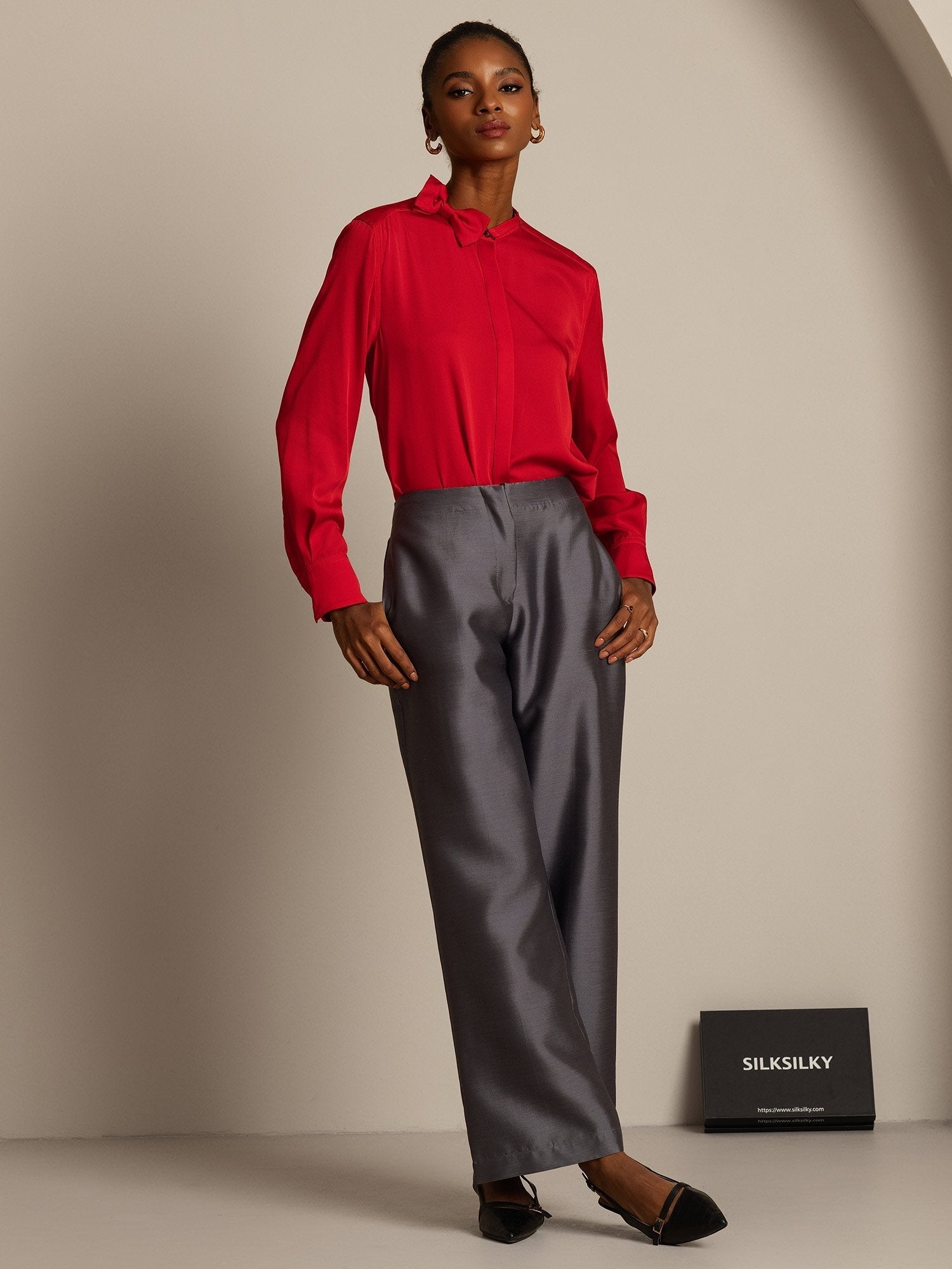 [Harmaa] SilkSilky-FI 32Momme Silk-Wool Blend Womens Pants 007,