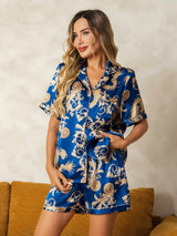[Navy Lohikäärme] SilkSilky-FI Lyhythihainen Notkokaulus Naisten Pyjamat 001