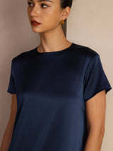 [Tummansininen] SilkSilky-FI Short Sleeve Round Neck Mekko 004