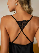 [Musta] SilkSilky-FI Spaghetti Strap Deep V Neck Yöpaita 005