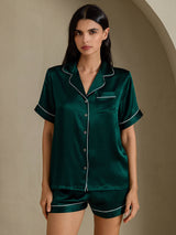 [Tummanvihreä] SilkSilky-FI Short Sleeve Notkokaulus Naisten Pyjamat 003
