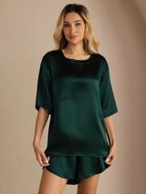 [Tummanvihreä] SilkSilky-FI Short Sleeve Round Neck Naisten Pyjamat 006