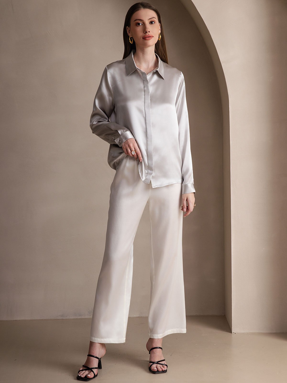 [Vaalean Harmaa] SilkSilky-FI 19Momme Womens Shirt 006