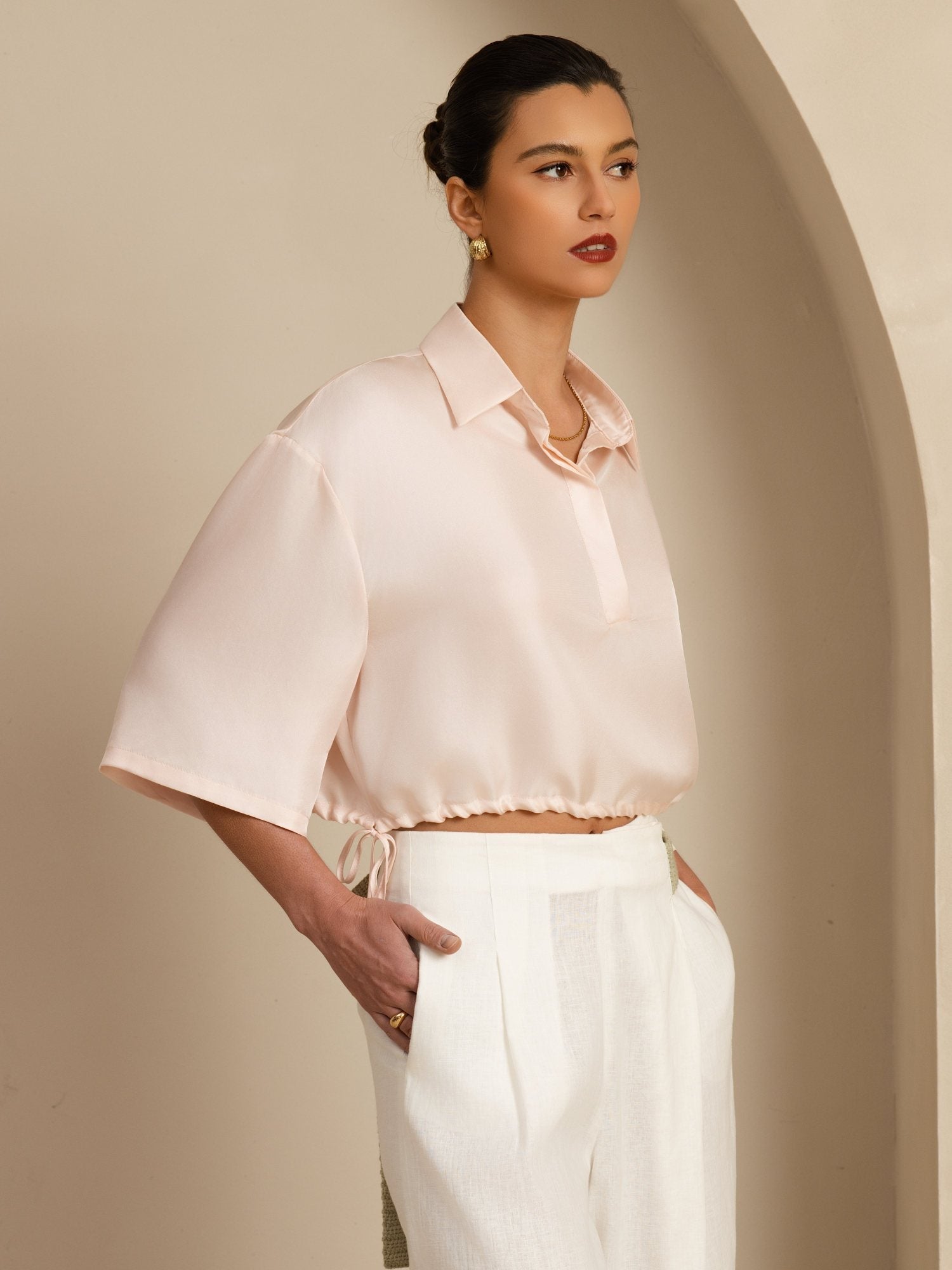 [Pinkki] SilkSilky-FI 18Momme Puolihiha Kauluskäänne Pusero 004