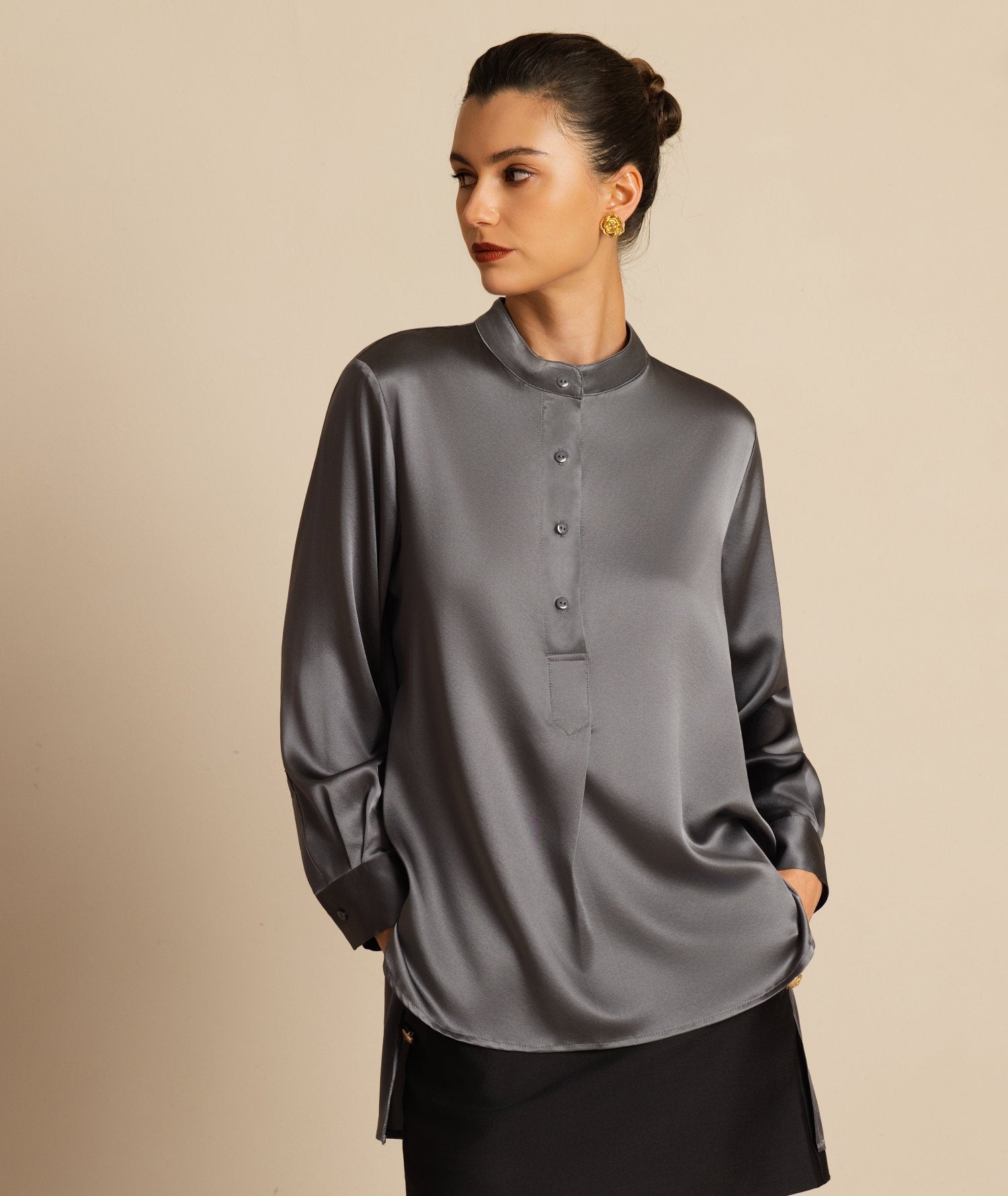 [Tumman Harmaa] SilkSilky-FI 19Momme Silkki Pitkähihainen Pystykaulus Pusero 003