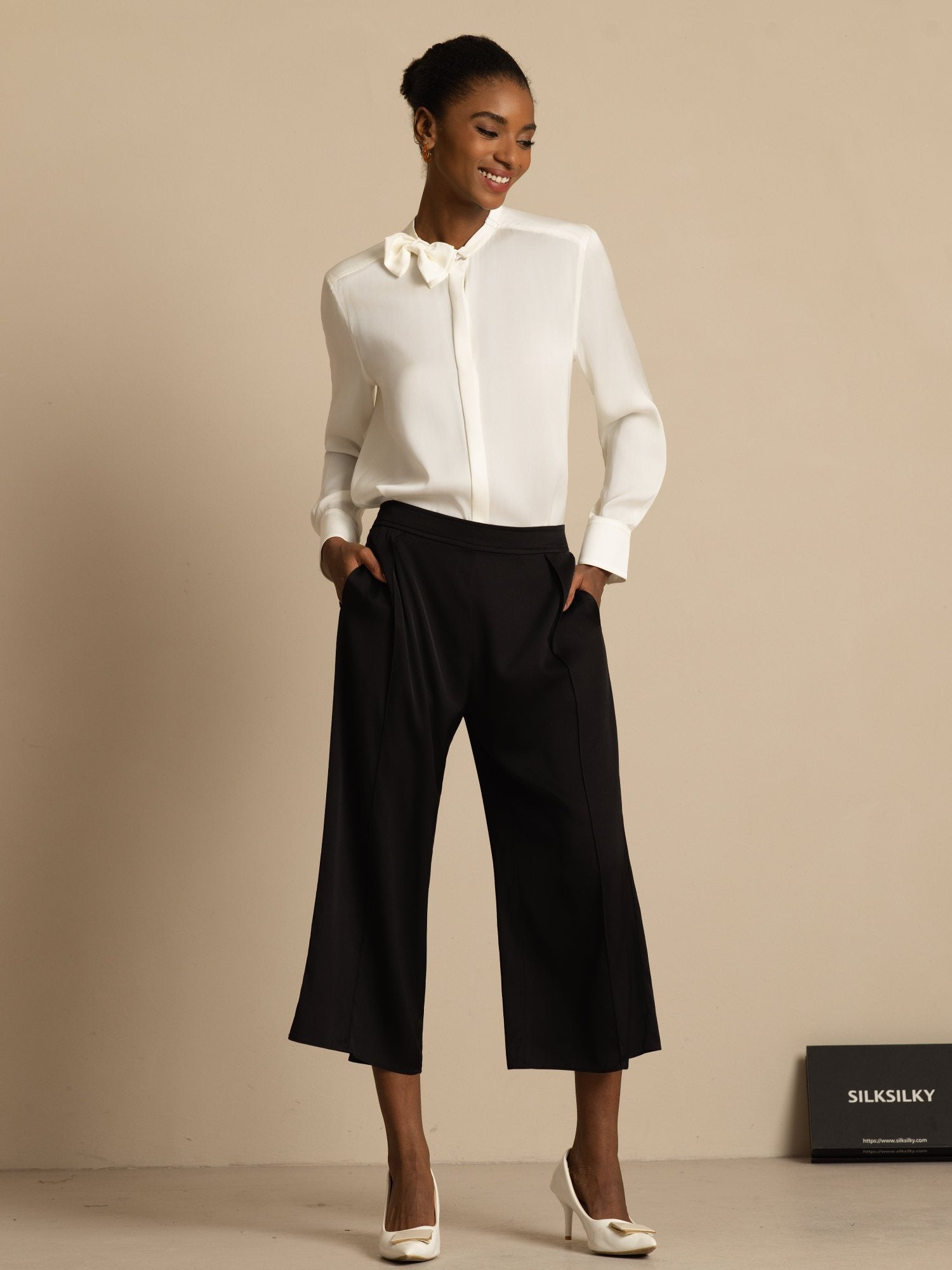 [Valkoinen] SilkSilky-FI 19Momme Silkki Pitkähihainen Pystykaulus Pusero 007