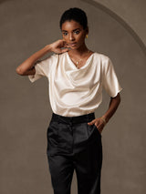 [Beige] SilkSilky-FI Short Sleeve Cowl Neck Naisten Puserot 004