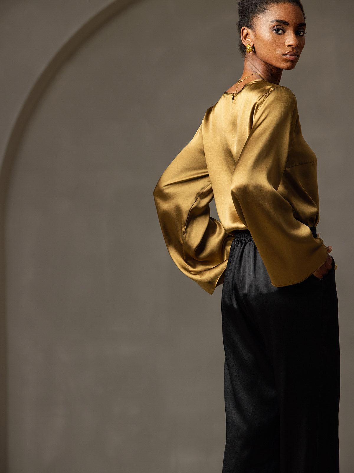 [Ruskea] SilkSilky-FI 19Momme Pitkähihainen Venekaula-aukko Pusero 006