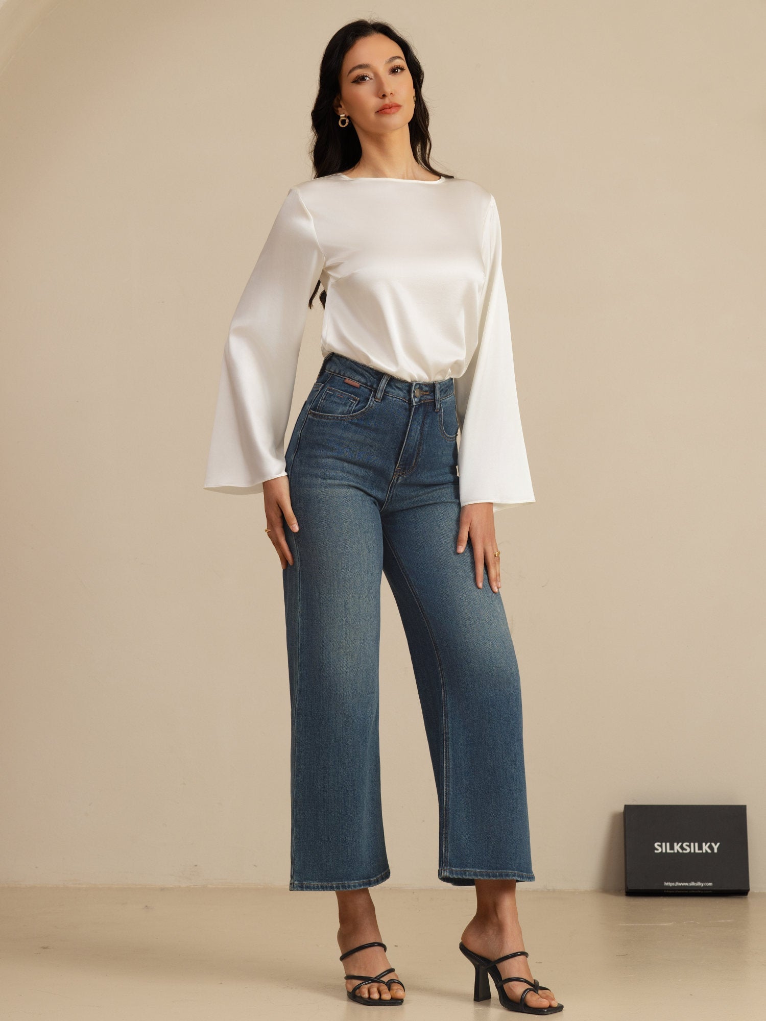 [Valkoinen] SilkSilky-FI 19Momme Pitkähihainen Venekaula-aukko Pusero 007