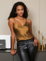 [Kahvi] SilkSilky-FI Spaghetti Strap V Neck Camisole Top 003