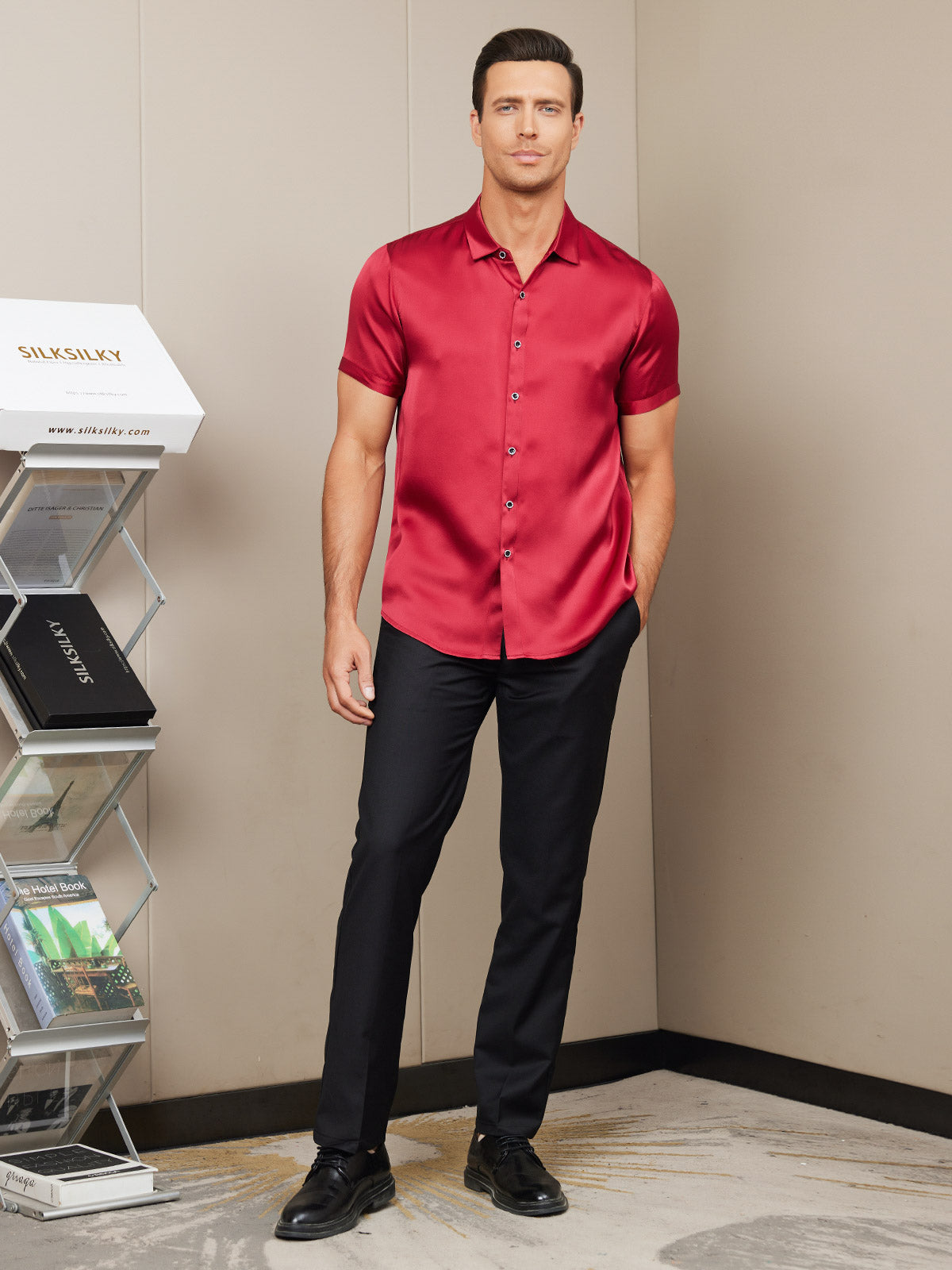 [Punainen] SilkSilky-FI Silk Short Sleeve Collar Miesten Paita 007