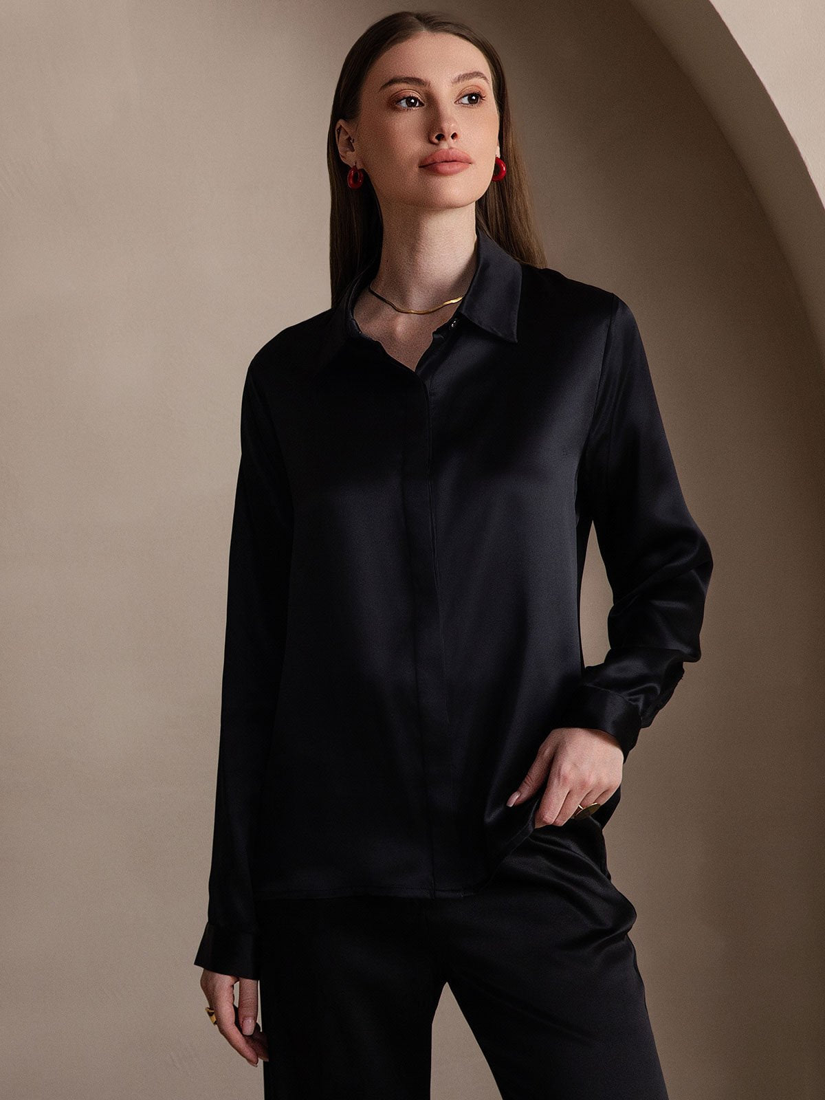 [Musta] SilkSilky-FI 19Momme Lapel Collar Naisten paita 003