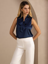 [Tummansininen] SilkSilky-FI Sleeveless Tie Neck Camisole Top 004