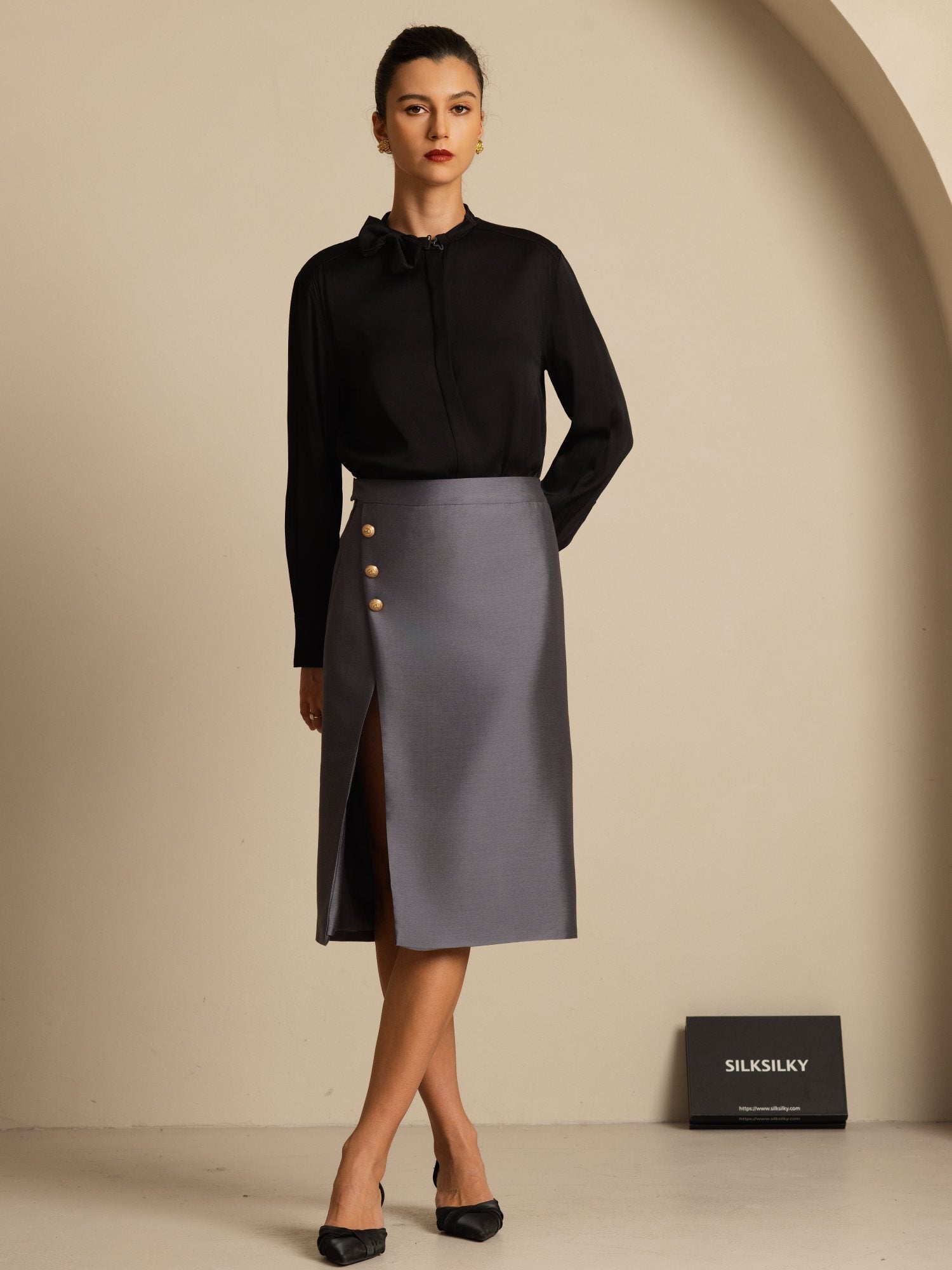 [Musta] SilkSilky-FI 19Momme Silkki Pitkähihainen Pystykaulus Pusero 007