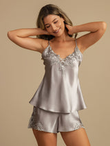 [Vaalean Harmaa] SilkSilky-FI Spaghetti Strap V Neck Camisole Setti 006