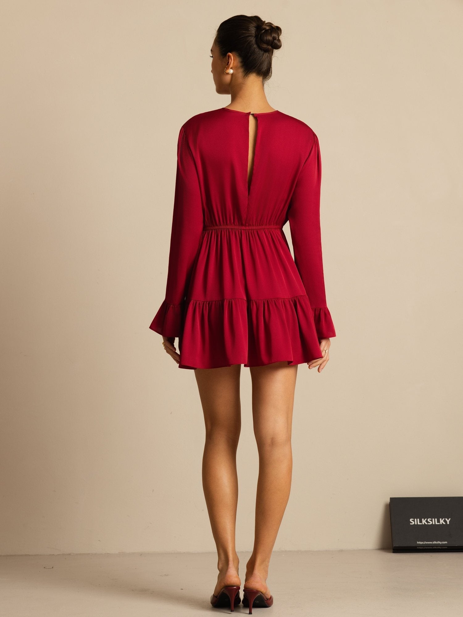 [Viini] SilkSilky-FI 19Momme Silkki Pitkähihainen Pyöreä Pääntie Mekko 002