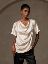 [Beige] SilkSilky-FI Short Sleeve Cowl Neck Naisten Puserot 001