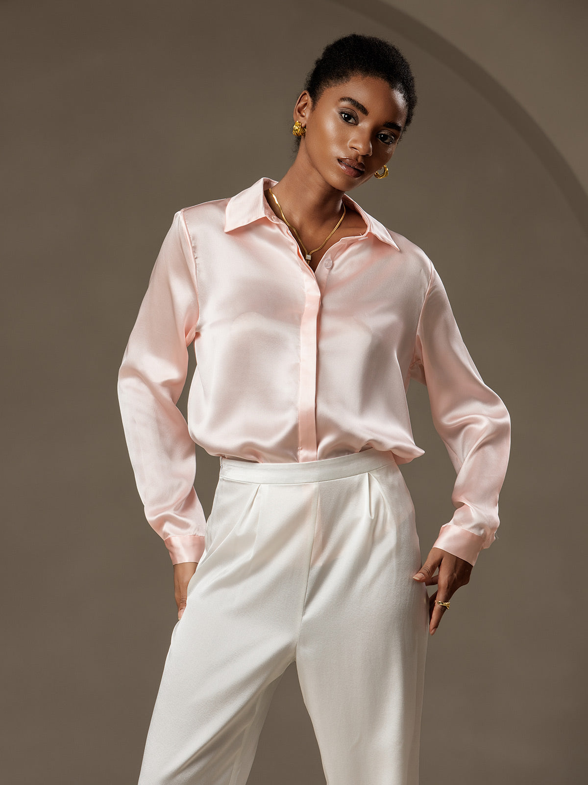 [Pinkki] SilkSilky-FI 19Momme Lapel Collar Naisten paita 004