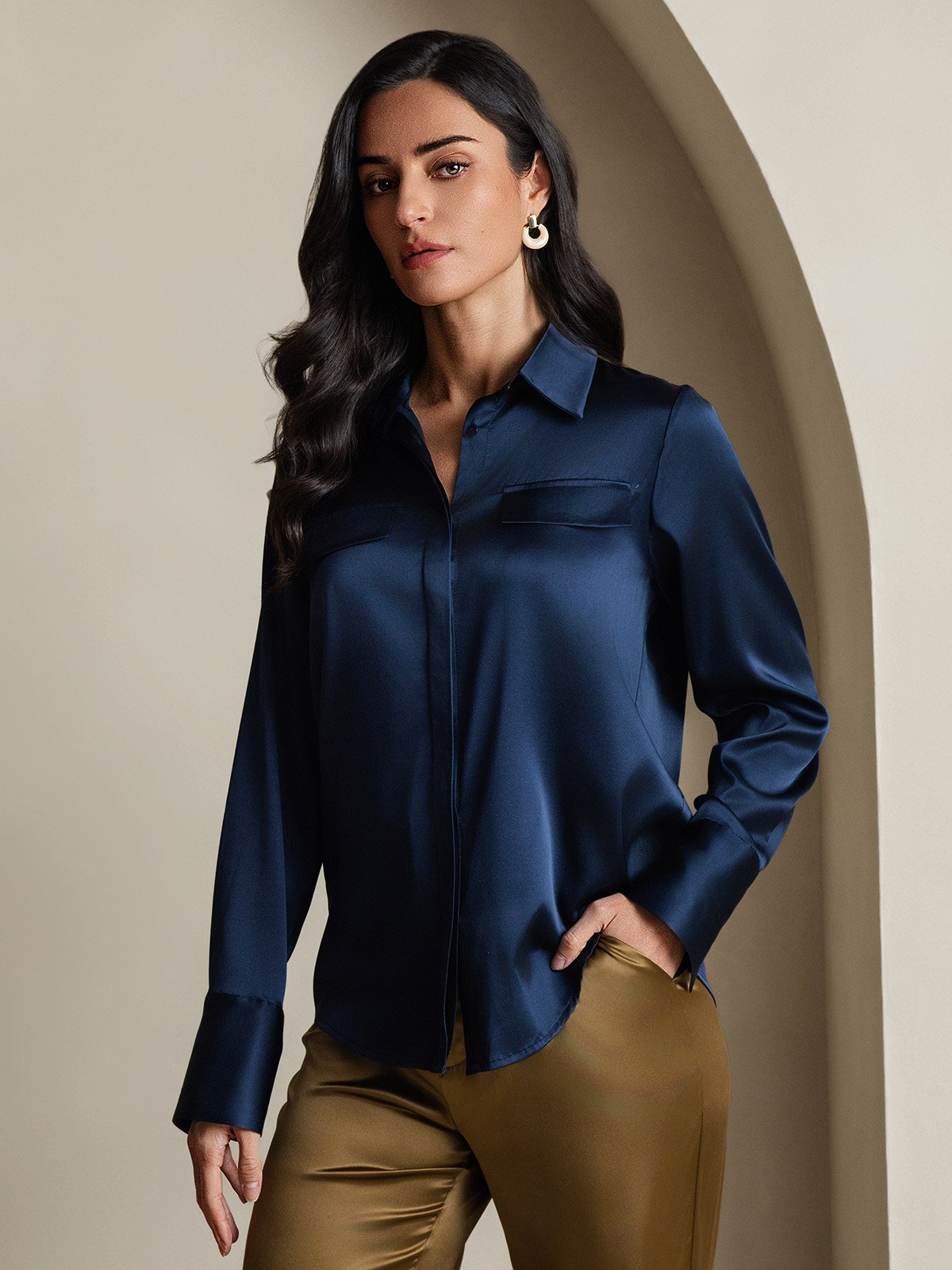 SilkSilky-FI 19Momme Womens Shirt Tummansininen 001