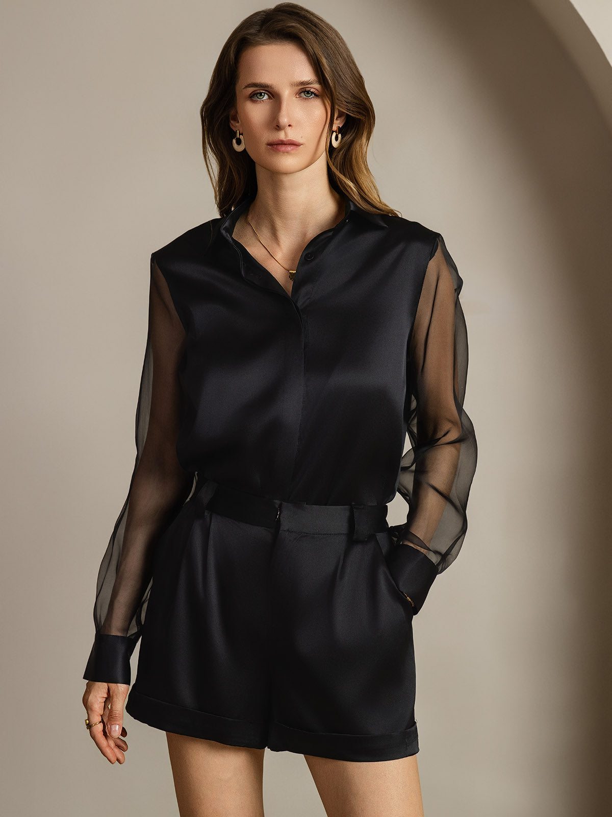 [Musta] SilkSilky-FI 19Momme Lapel Collar Naisten paita 005