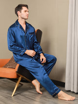 [Tummansininen] SilkSilky-FI Pitkähihainen Notkokaulus Miesten Pyjamat 003