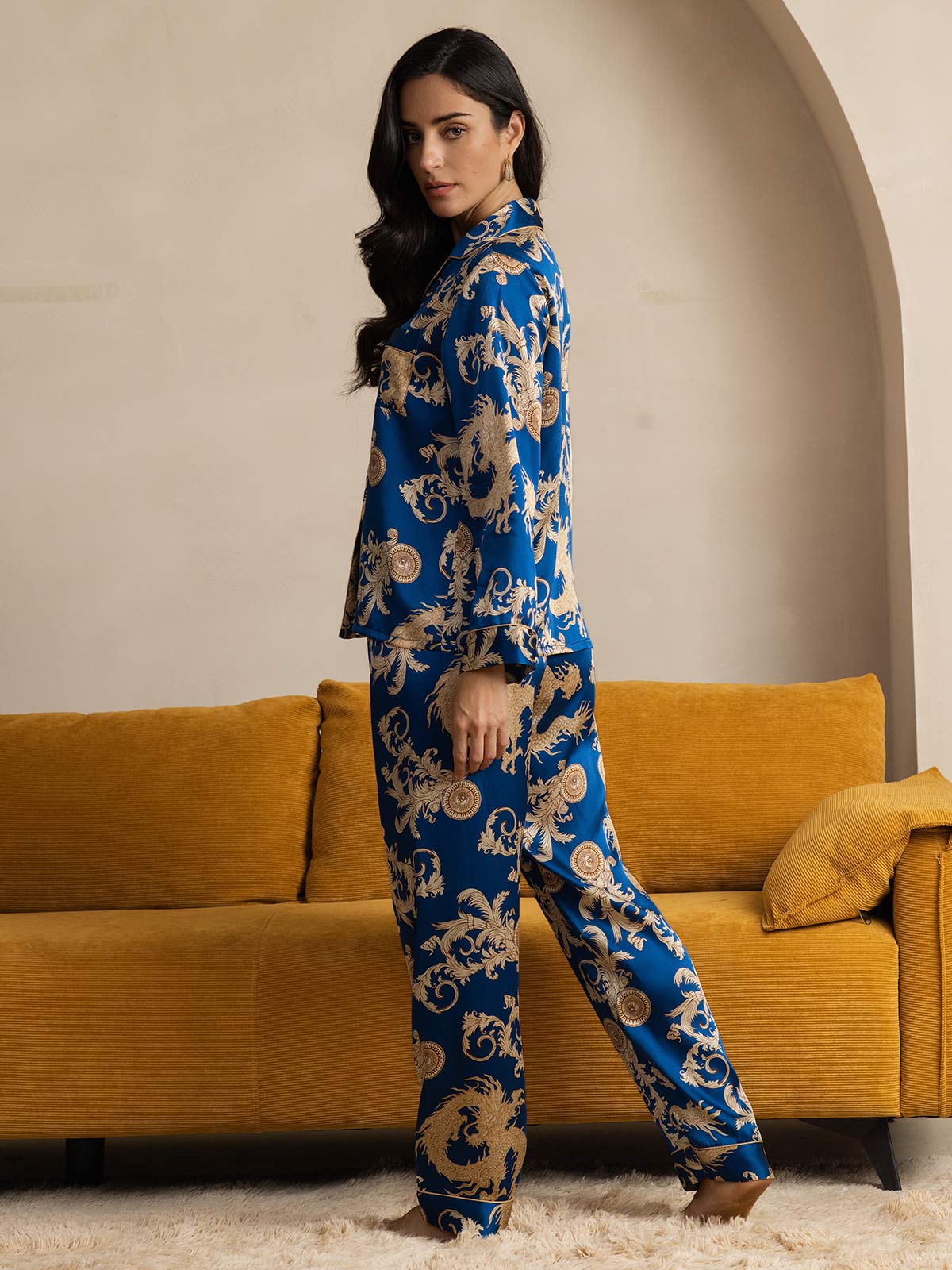 [Navy Lohikäärme] SilkSilky-FI Womens Pajamas 002