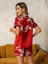 [Tummanpunainen] SilkSilky-FI Short Sleeve Notkokaulus Naisten Pyjamat 002