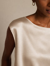 [Beige] SilkSilky-FI Cap Sleeve Round Neck Naisten T-paita 005