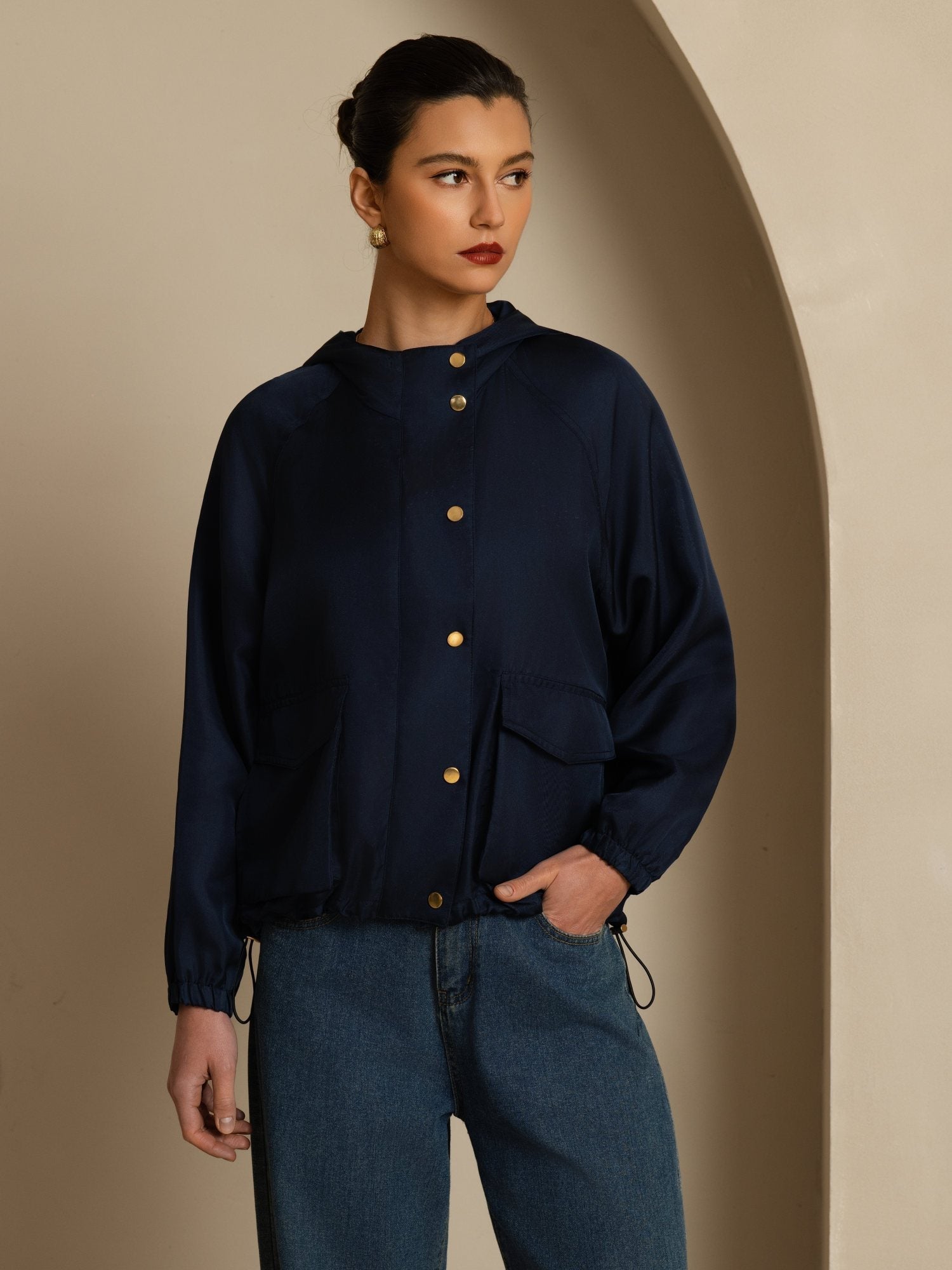 [Tummansininen] SilkSilky-FI Pitkähihainen Korkea Kaulus Naisten Päällysvaatteet 004