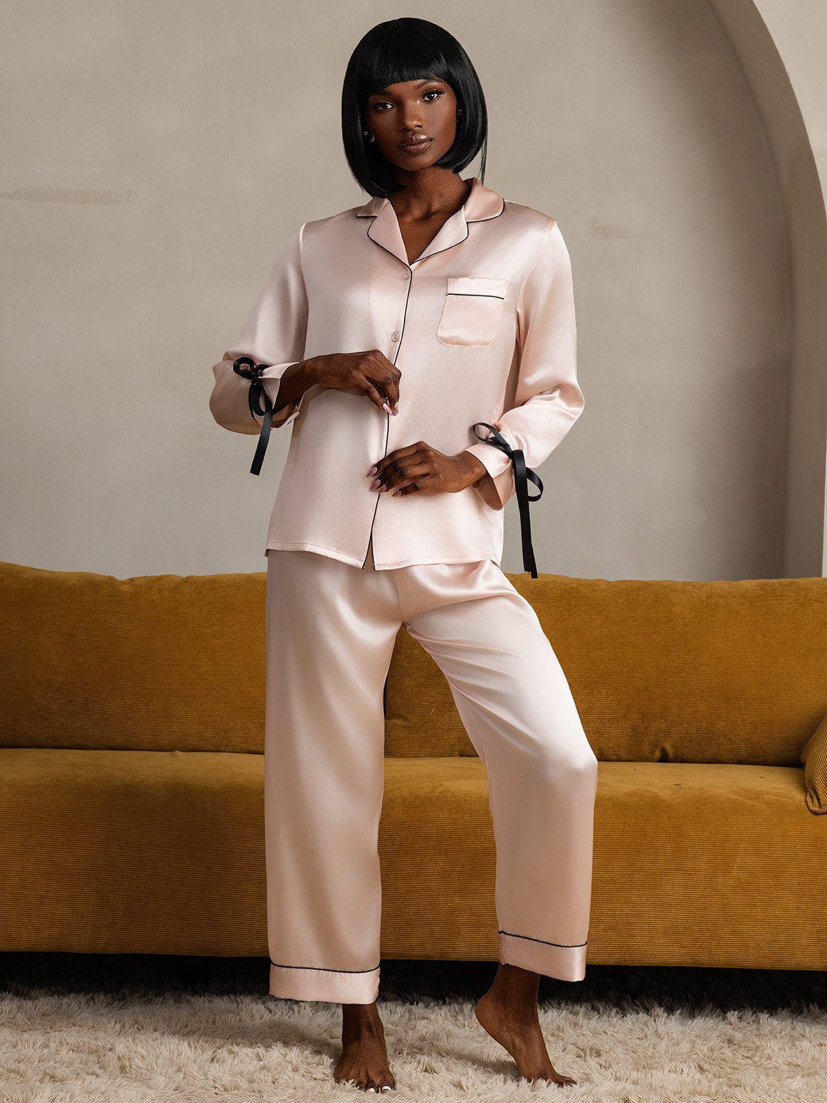 [Pinkki] SilkSilky-FI Pure Silk Long Sleeve Lapel Naisten Pyjamat 003