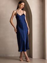 [Tummansininen] SilkSilky-FI Spaghetti Strap V Neck Mekko 005
