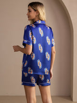 [Laivastonsininen Merihevonen] SilkSilky-FI Short Sleeve Lapel Collar Naisten Pyjamat 002