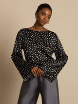 [Pilkkukuvio] SilkSilky-FI 19Momme Bell Sleeve Blouse 001