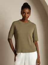 [Poltettu Oliivi] SilkSilky-FI Half Sleeve Crew Neck Naisten T-paita 001