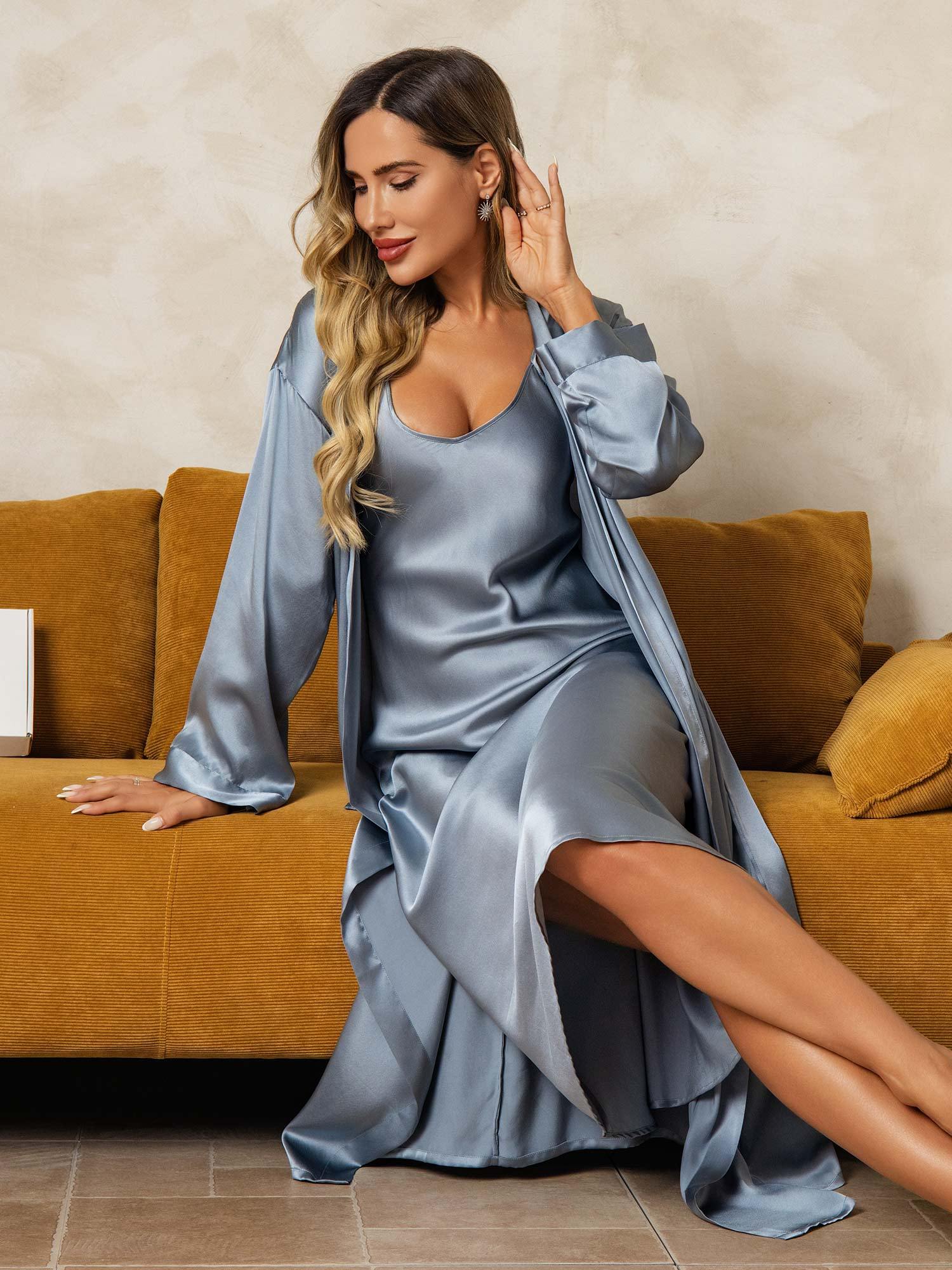 [Harmaansininen] SilkSilky-FI Nightgown&Robe Set 009