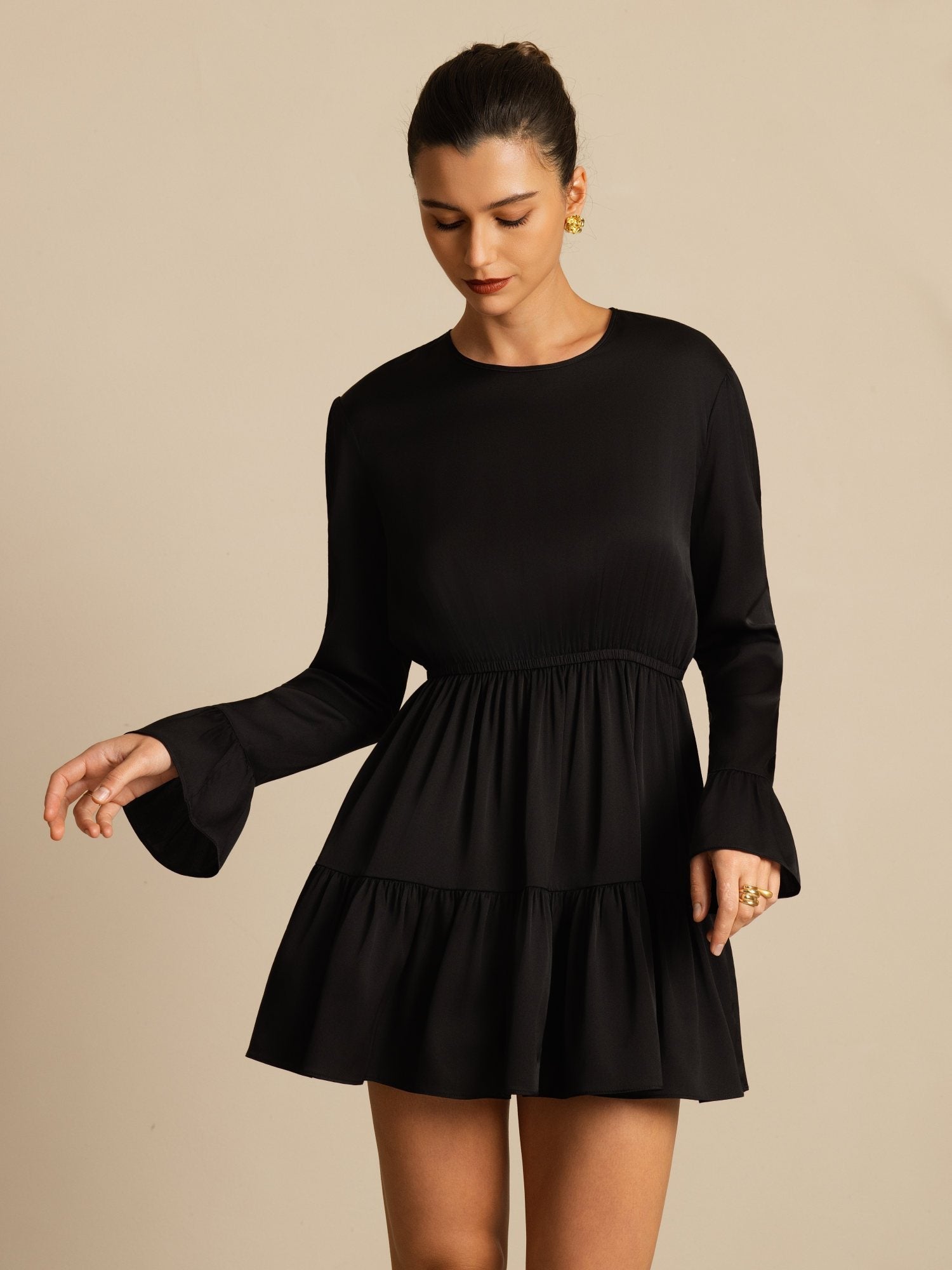 [Musta] SilkSilky-FI 19Momme Silkki Pitkähihainen Pyöreä Pääntie Mekko 005